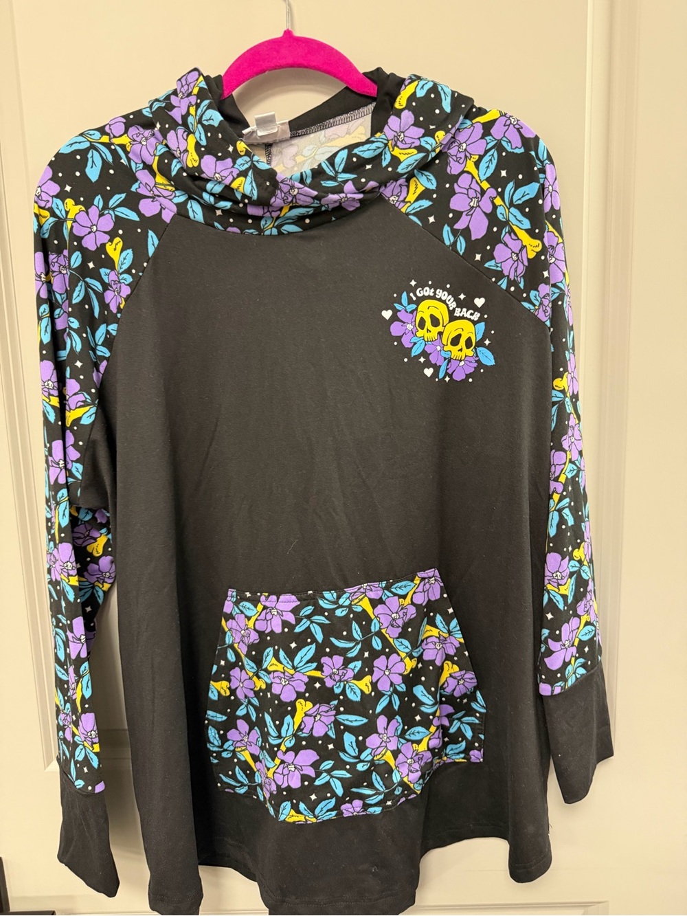 LuLaRoe Black Floral Hoodie with Purple & Teal Accents